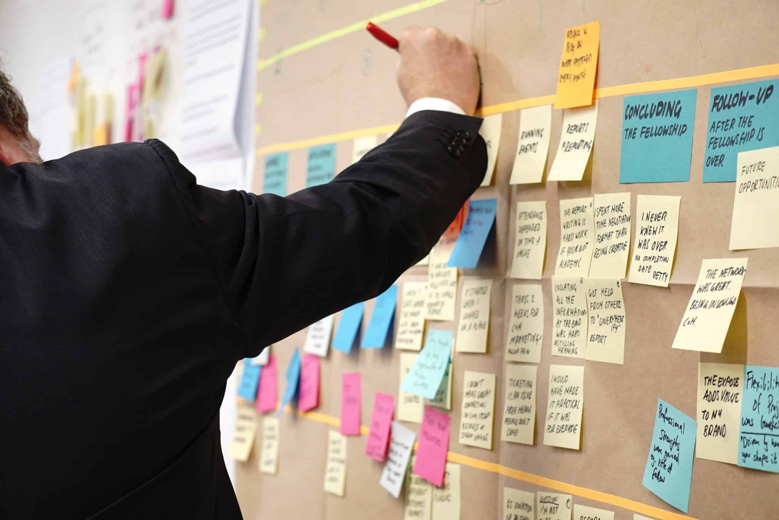 Homme en costume disposant des post-it colorés sur un tableau mural