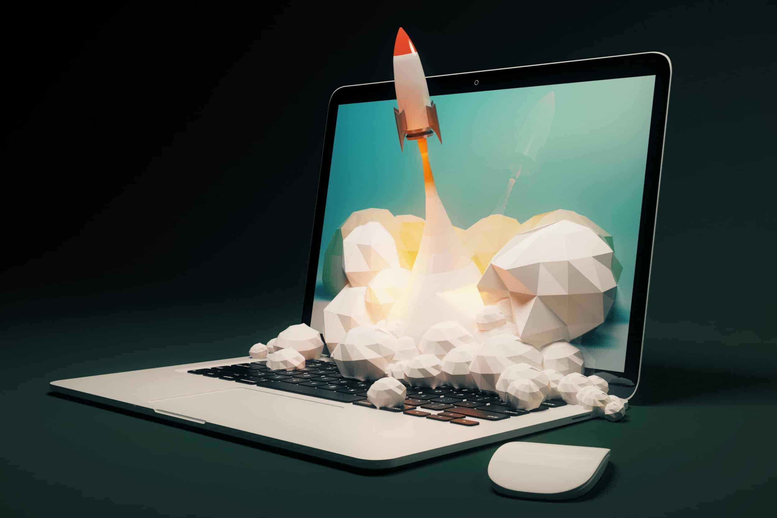 Rendu 3D d'une fusée décollant depuis l'écran d'un ordinateur portable entouré de nuages