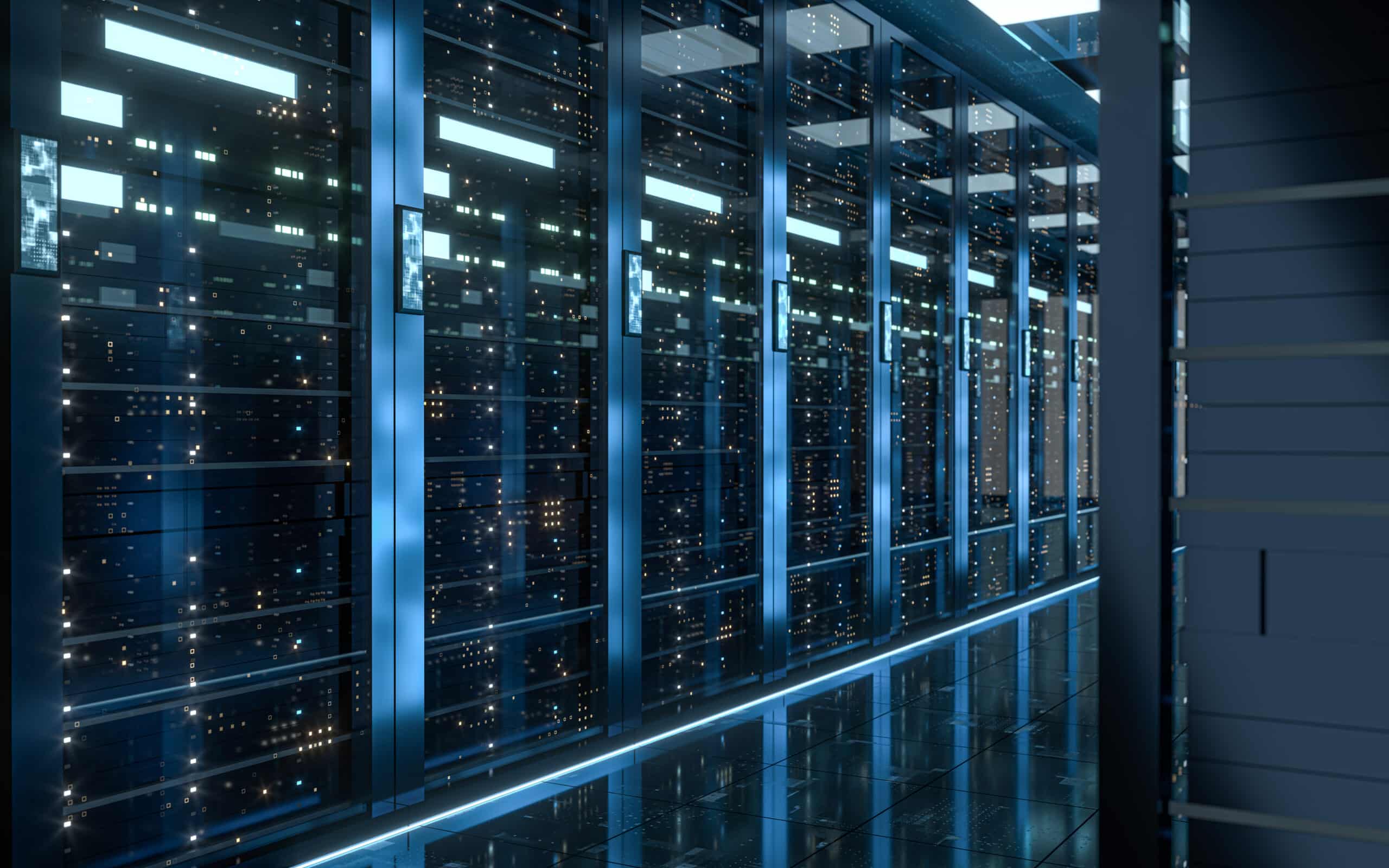 Allée de baies de serveurs informatiques avec éclairage bleu futuriste