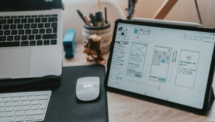 iPad affichant un wireframe d'application à côté d'un clavier et d'une souris