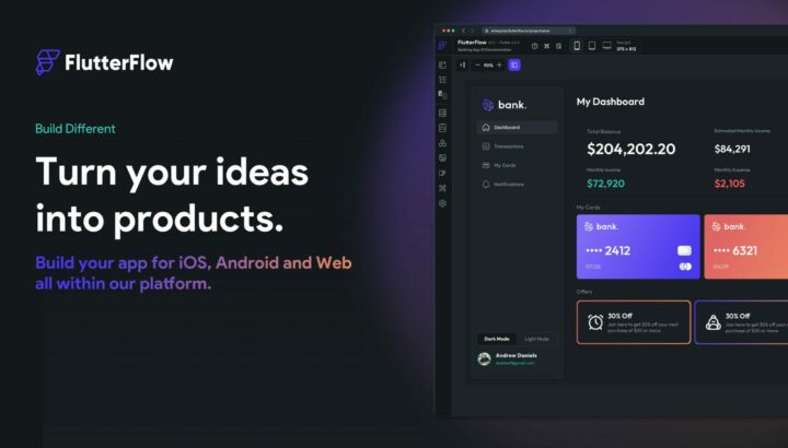 Logo FlutterFlow avec mockup d'application bancaire