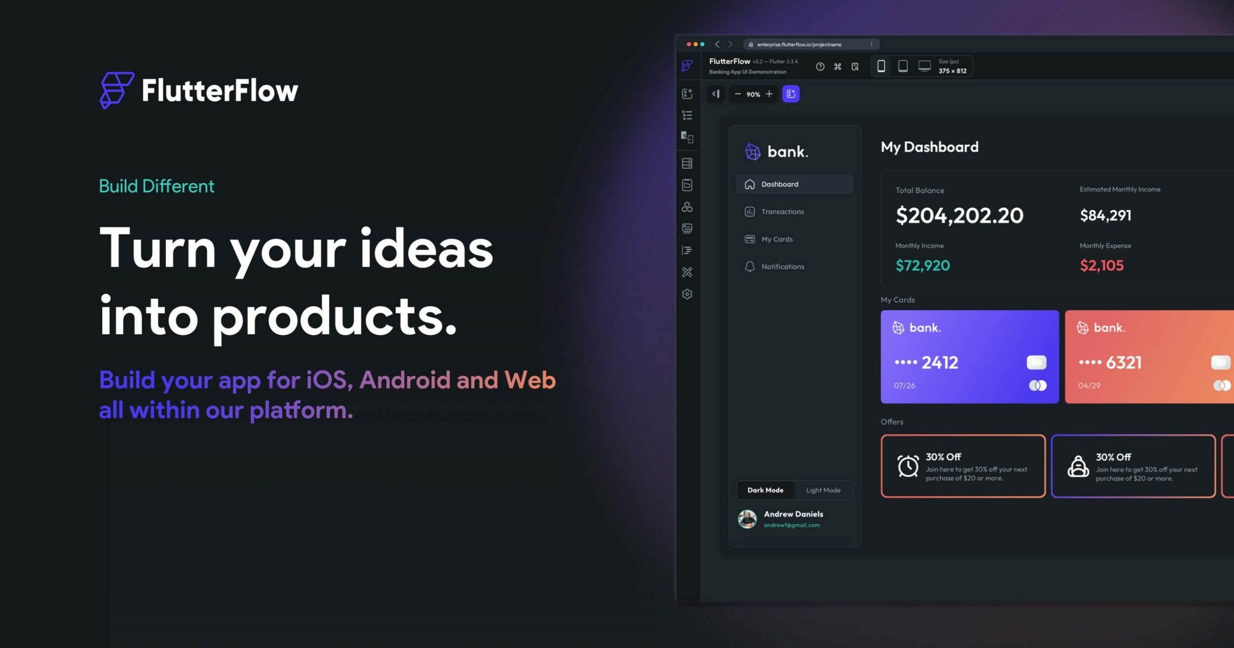 Logo FlutterFlow avec mockup d'application bancaire
