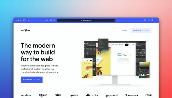 Capture de la page d'accueil Webflow sur fond dégradé bleu-rouge