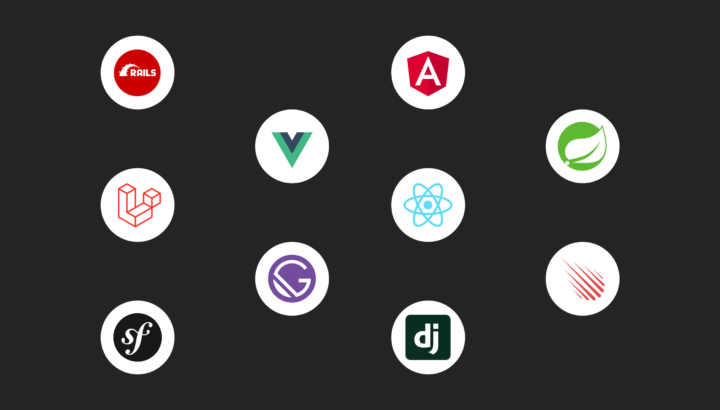 Neuf logos de frameworks : Rails, Angular, Vue, Spring, React, Laravel, Gatsby, Hasura, Symfony, Django