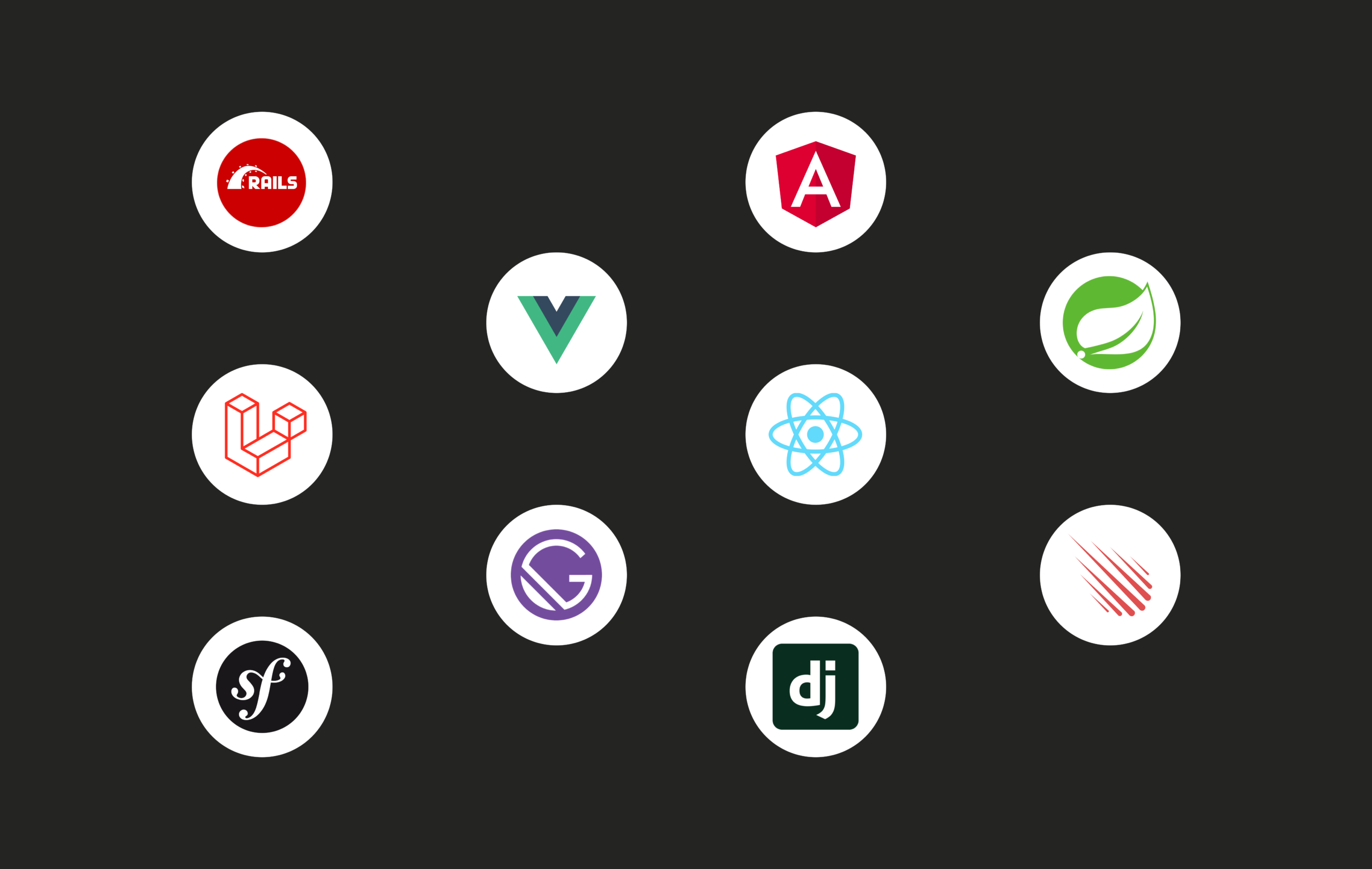 Neuf logos de frameworks : Rails, Angular, Vue, Spring, React, Laravel, Gatsby, Hasura, Symfony, Django