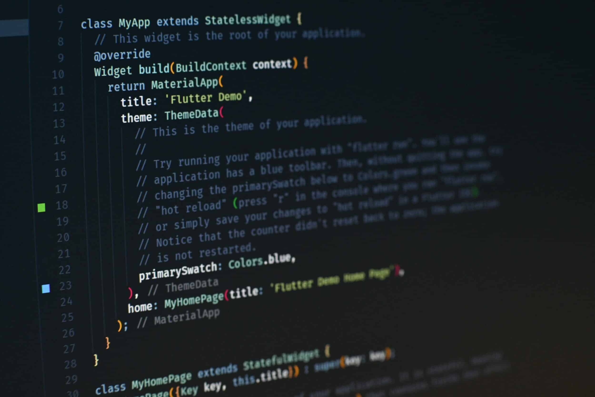 Écran affichant du code Dart d'une application Flutter