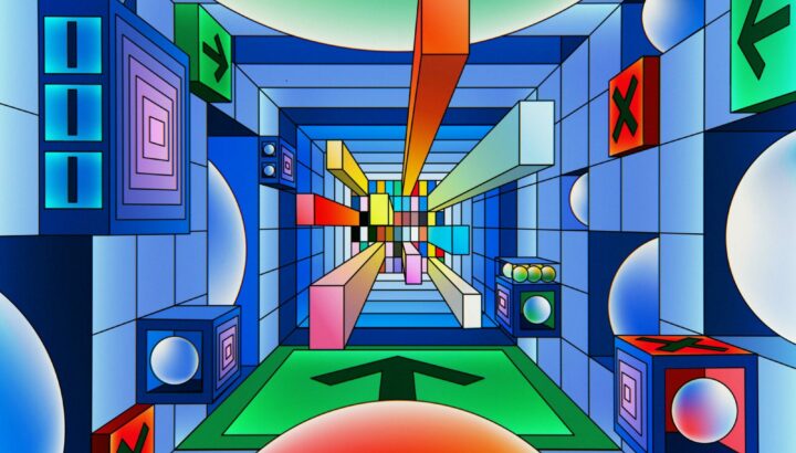 Illustration 3D colorée d'un tunnel géométrique, style rétro-futuriste