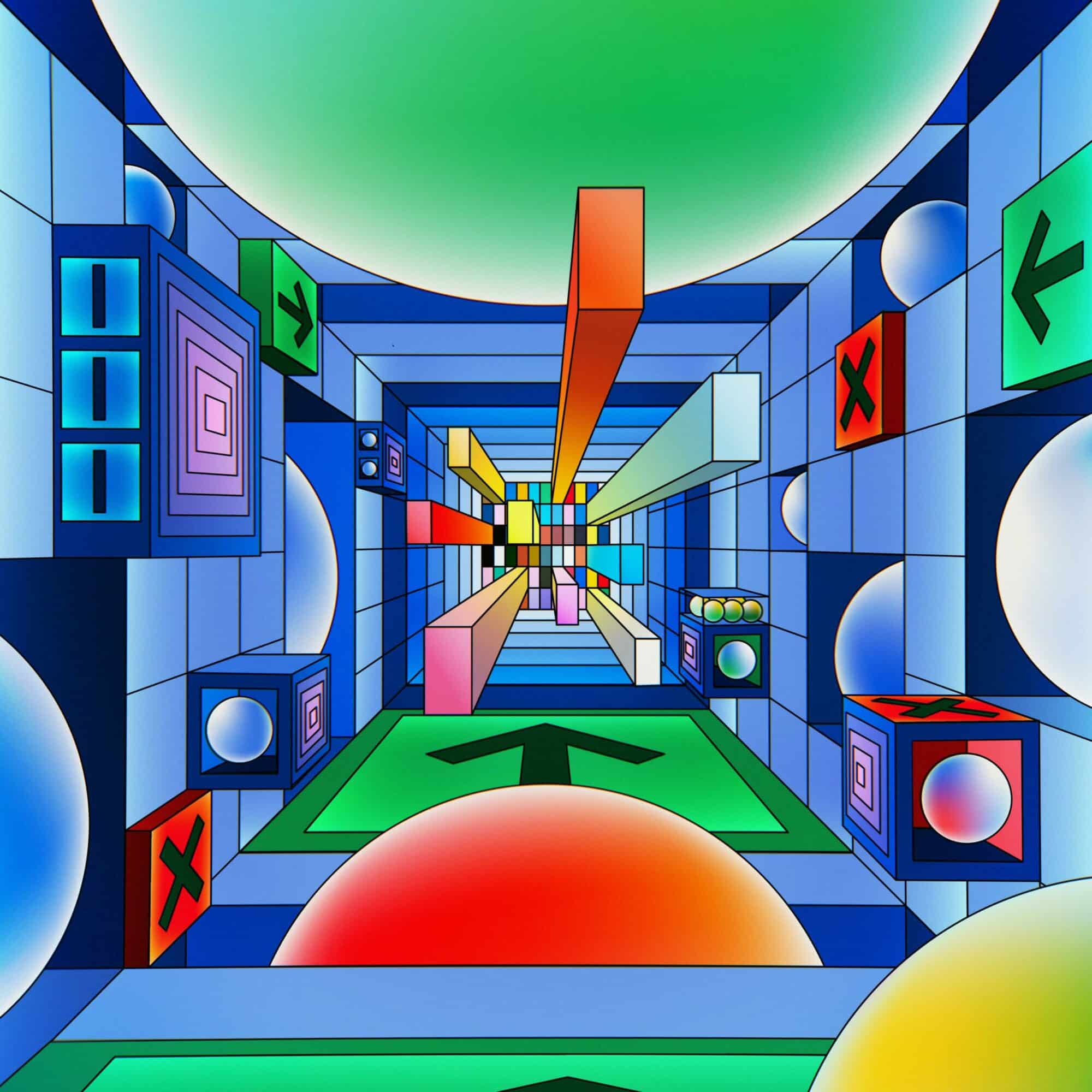 Illustration 3D colorée d'un tunnel géométrique, style rétro-futuriste
