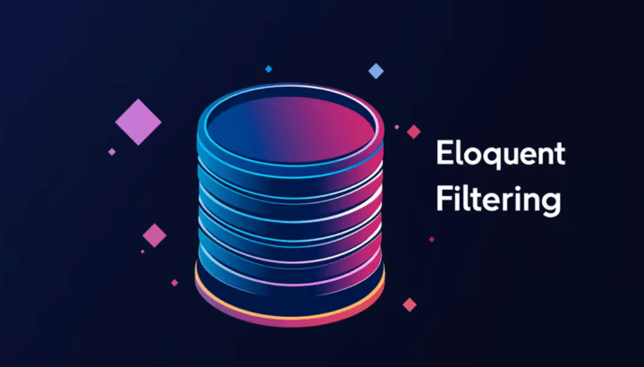 Illustration d'une base de données stylisée avec texte "Eloquent Filtering" sur fond sombre