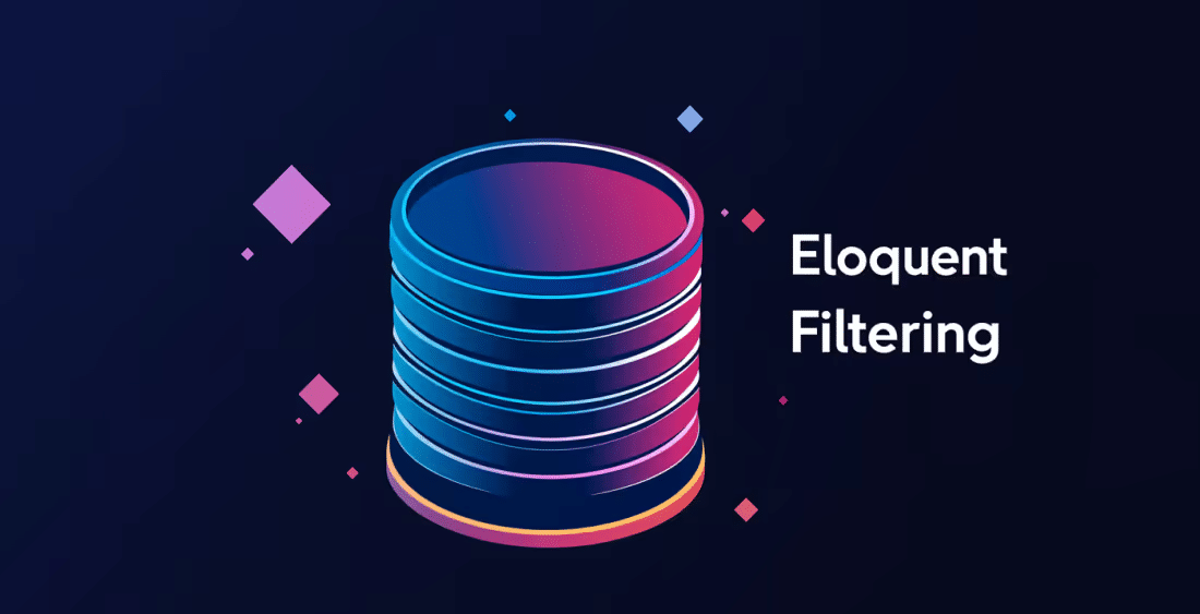 Illustration d'une base de données stylisée avec texte "Eloquent Filtering" sur fond sombre