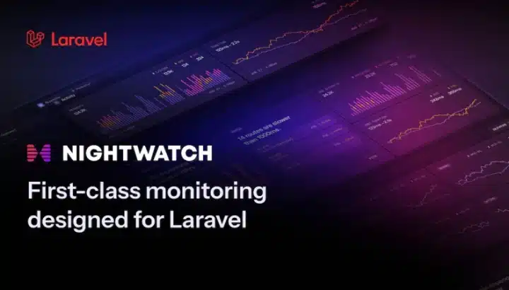 Logo Laravel avec texte "Nightwatch, first-class monitoring designed for Laravel" sur fond violet