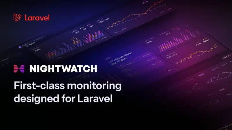 Logo Laravel avec texte "Nightwatch, first-class monitoring designed for Laravel" sur fond violet