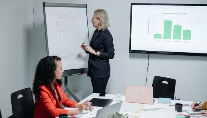 Femme en costume présentant un graphique à barres, collègues assis à une table