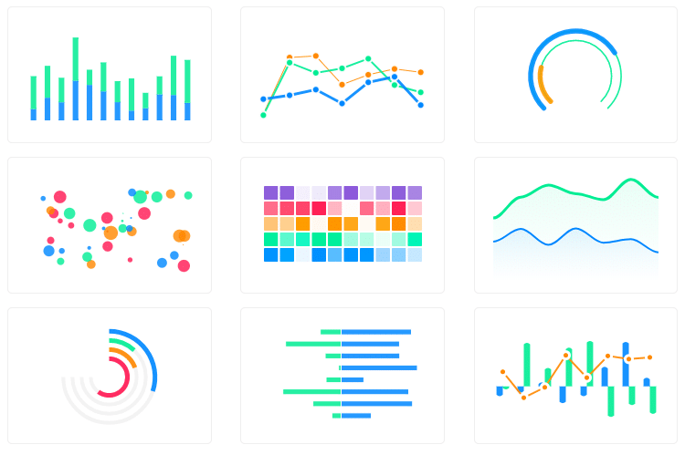 Neuf icônes de graphiques colorées (courbes, barres, camemberts, heatmap)