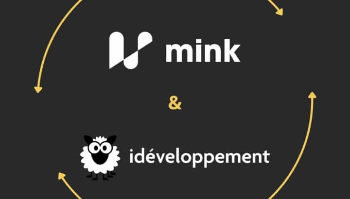 Logos Mink et idéveloppement reliés par des flèches circulaires sur fond noir