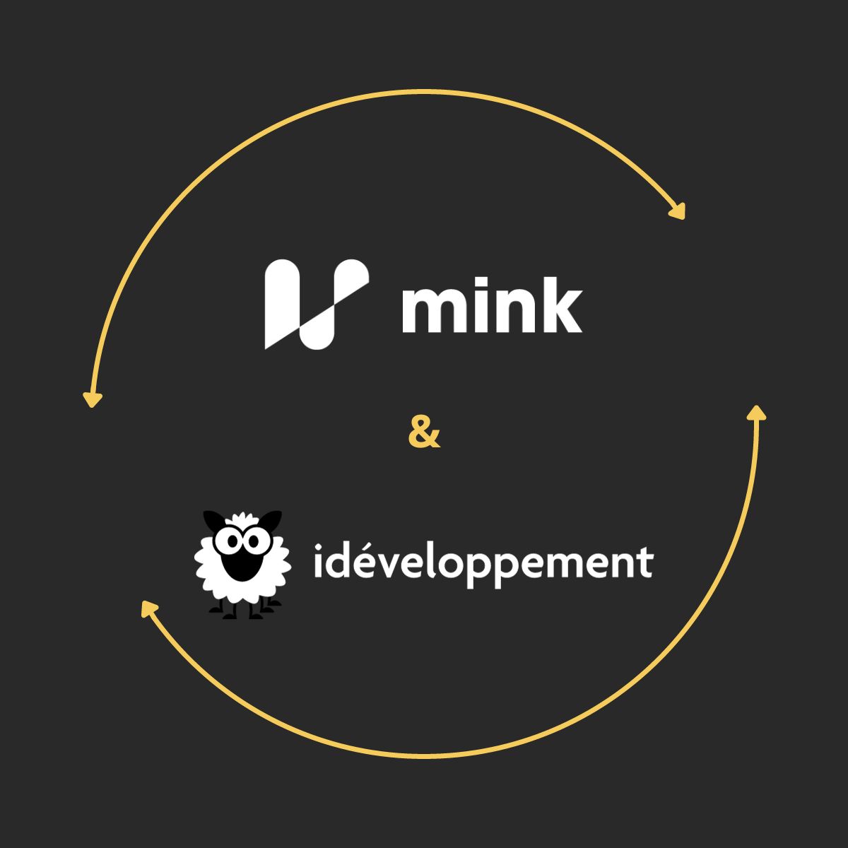 Logos Mink et idéveloppement reliés par des flèches circulaires sur fond noir