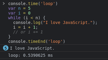 Capture de code JavaScript illustrant l'utilisation de console.time et d'une boucle