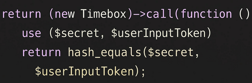 Capture de code PHP illustrant une classe Timebox avec vérification de hash sécurisée