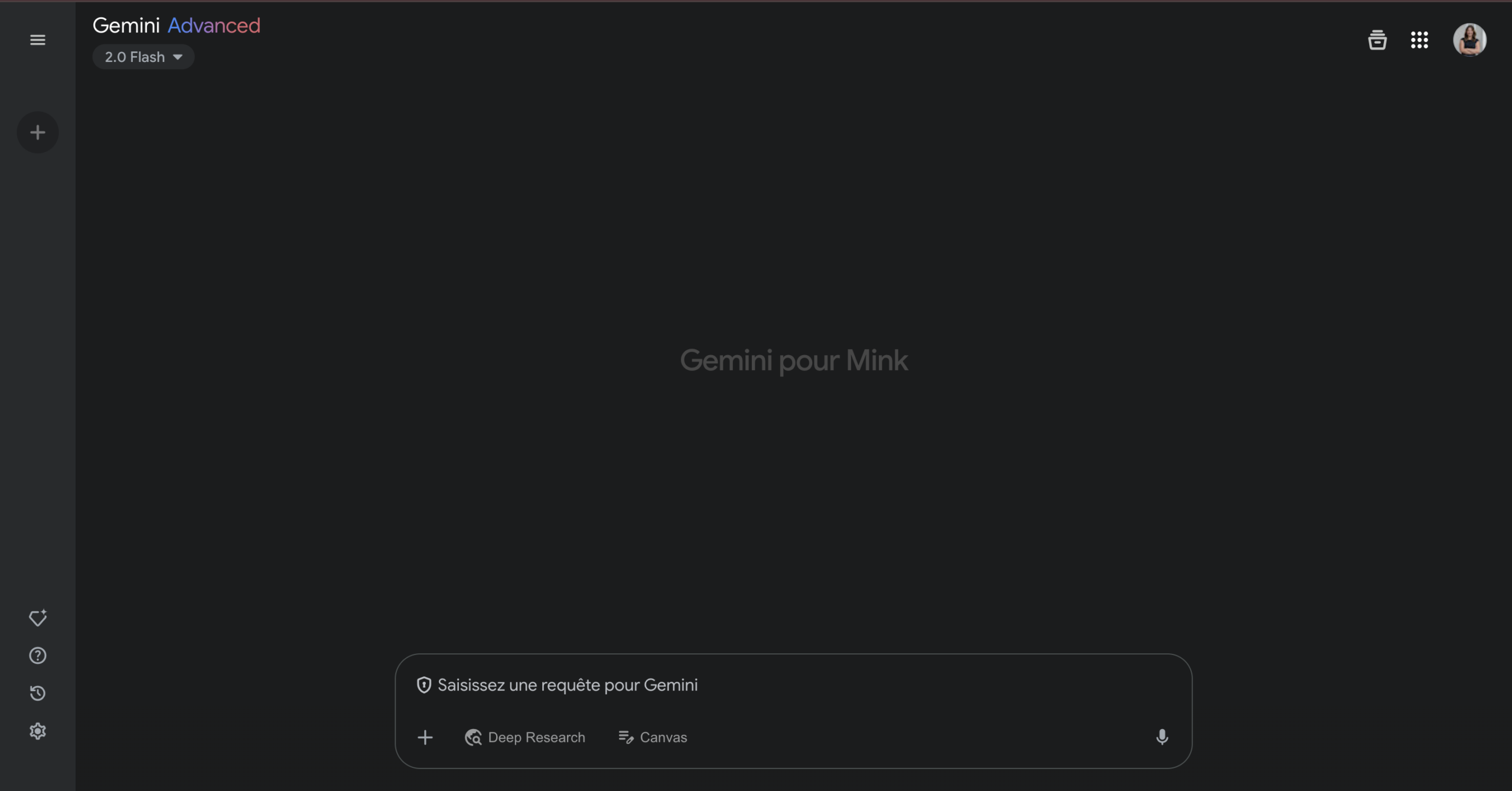 Capture d'écran de l'interface Gemini Advanced en mode sombre, avec la mention "Gemini pour Mink" et un champ de saisie de requête