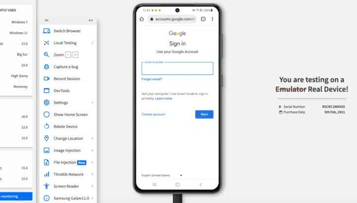 Interface BrowserStack affichant un smartphone en test avec menu d'options et écran de connexion Google