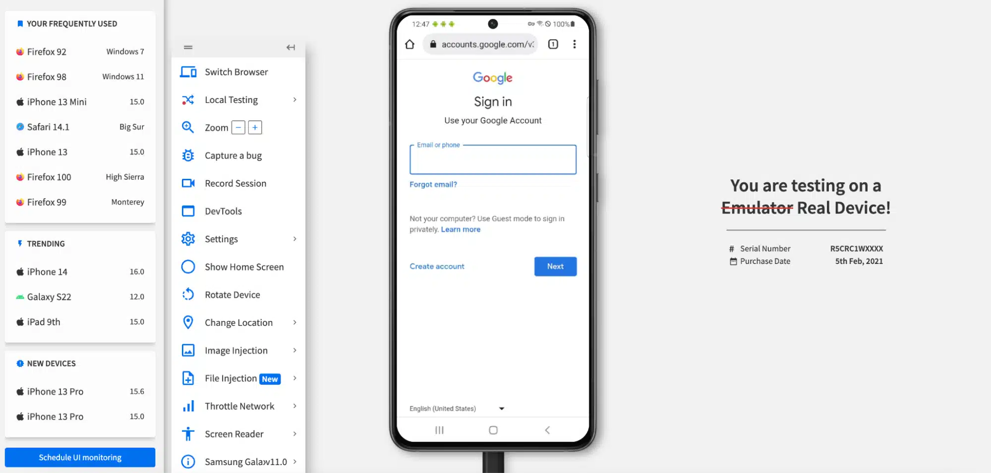 Interface BrowserStack affichant un smartphone en test avec menu d'options et écran de connexion Google