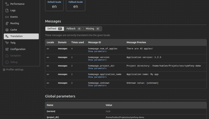 Interface du profiler Symfony affichant les messages de traduction et paramètres globaux