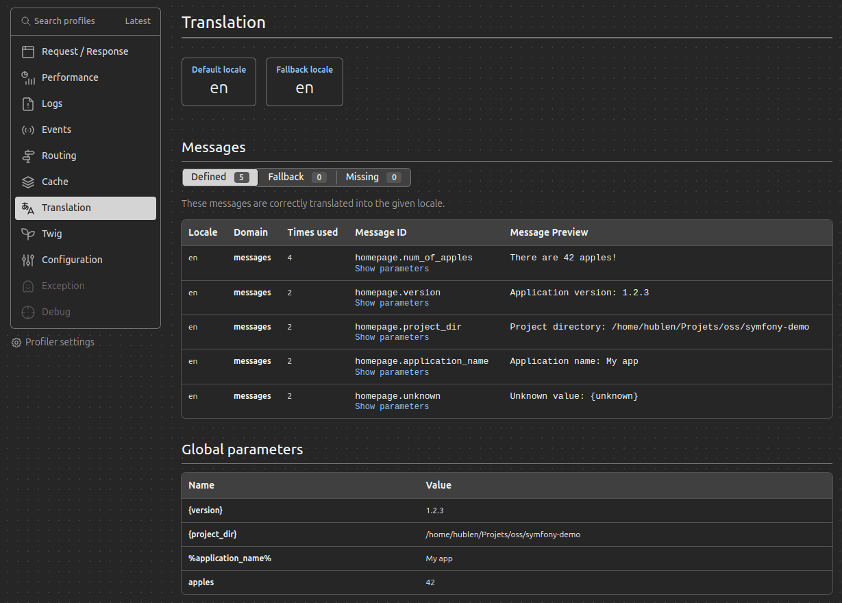 Interface du profiler Symfony affichant les messages de traduction et paramètres globaux