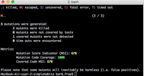 Terminal affichant les résultats d'un test de mutation avec score et couverture de code