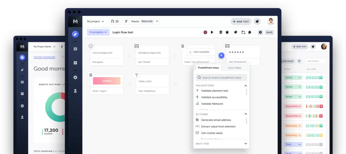 Plusieurs écrans affichant une interface de test de flux de connexion utilisateur