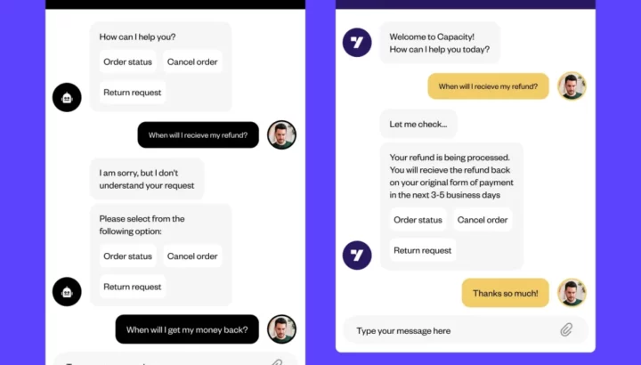 Deux interfaces de chat côte à côte comparant un chatbot à menu et une IA conversationnelle