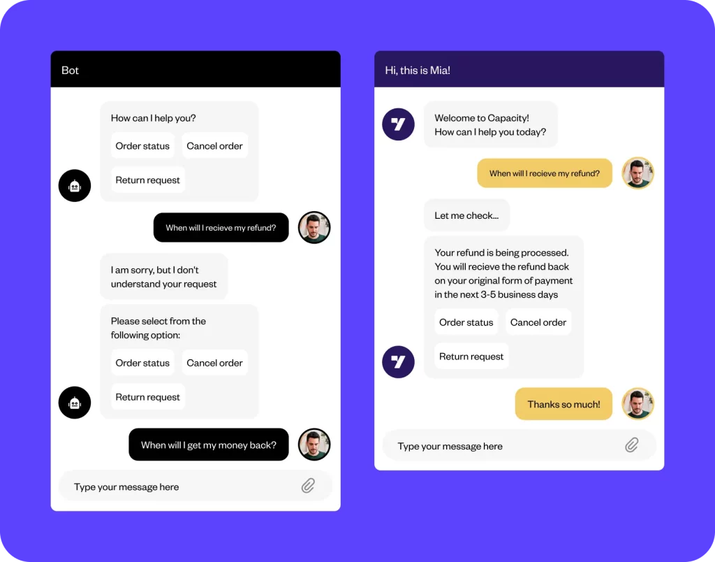 Deux interfaces de chat côte à côte comparant un chatbot à menu et une IA conversationnelle