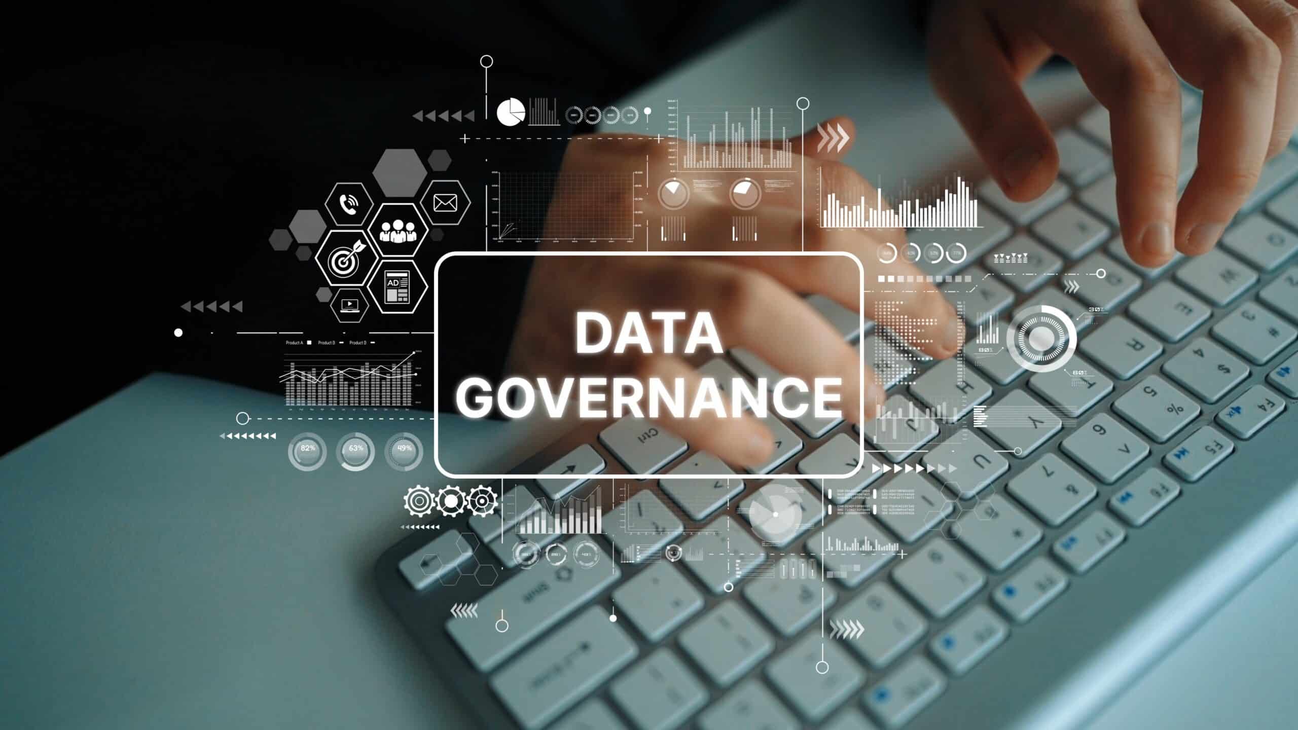 Mains tapant sur un clavier avec icônes de données et texte "Data Governance" en surimpression