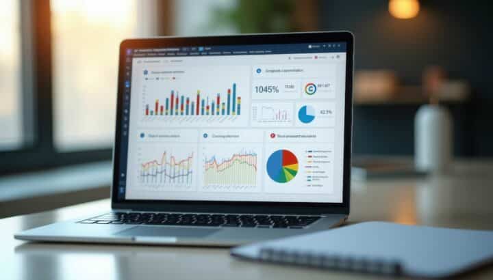 Ordinateur portable sur un bureau affichant un tableau de bord avec graphiques et indicateurs, bureau flouté en arrière-plan