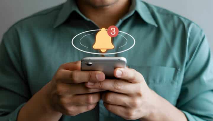 Homme en chemise verte tenant un smartphone, icône de cloche de notification avec le chiffre 3 au-dessus de l'appareil