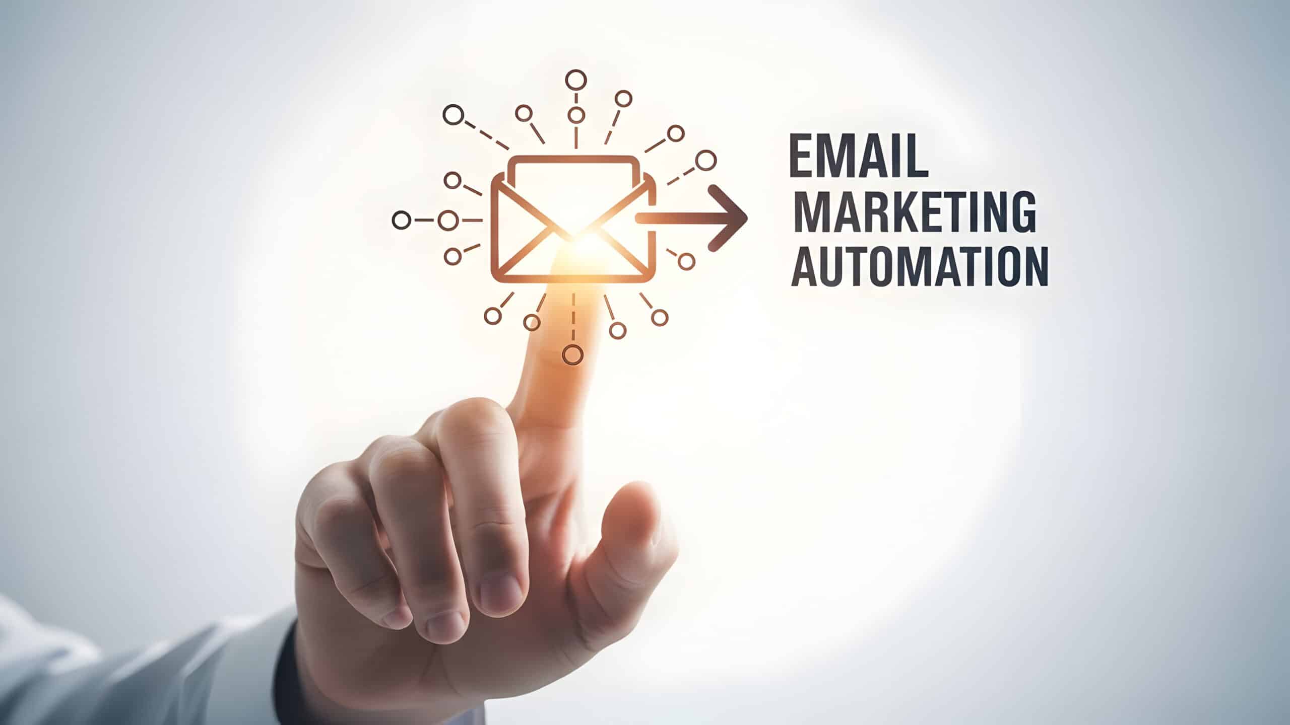 Main pointant une icône d'enveloppe entourée de points connectés, texte "Email Marketing Automation"