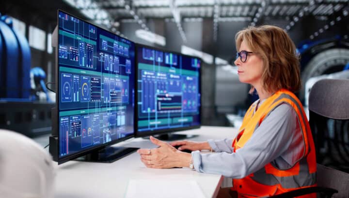 Femme portant lunettes et gilet de sécurité orange, assise face à deux écrans affichant des tableaux de bord de supervision industrielle, dans un atelier
