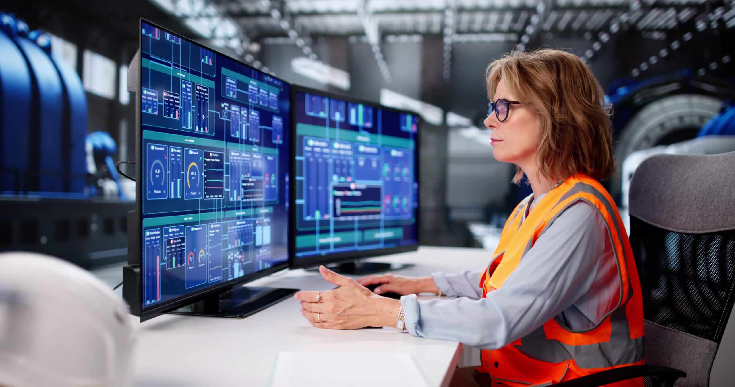 Femme portant lunettes et gilet de sécurité orange, assise face à deux écrans affichant des tableaux de bord de supervision industrielle, dans un atelier