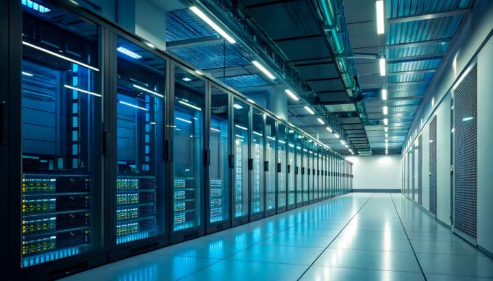 Couloir d'un centre de données avec rangées de baies serveurs éclairées en bleu, sol réfléchissant
