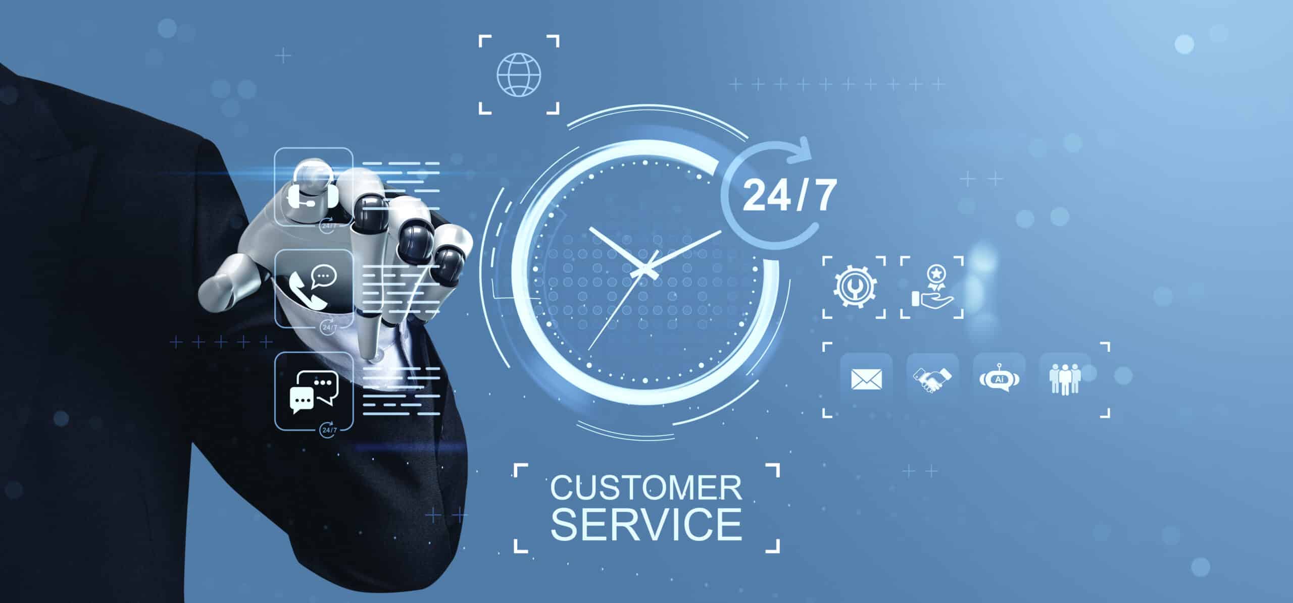 Main robotique pointant des icônes de service client (casque, chat, messagerie) autour d'une horloge marquant "24/7" et du texte "Customer Service"