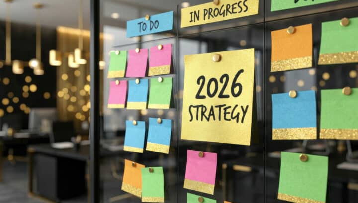 Post-its colorés organisés en colonnes "To do" et "In progress" sur une paroi vitrée de bureau, avec un post-it central "2026 Strategy"