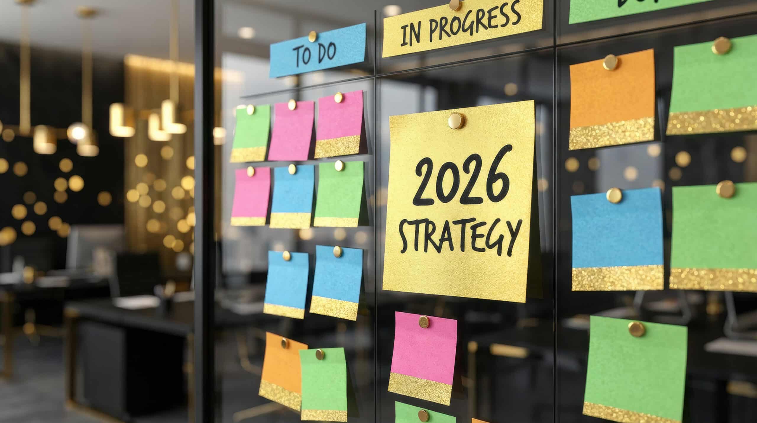 Post-its colorés organisés en colonnes "To do" et "In progress" sur une paroi vitrée de bureau, avec un post-it central "2026 Strategy"