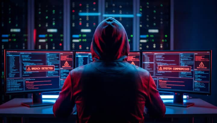 Personne encapuchonnée de dos face à trois écrans rouges affichant les alertes "Breach detected" et "System compromised", dans une salle de serveurs