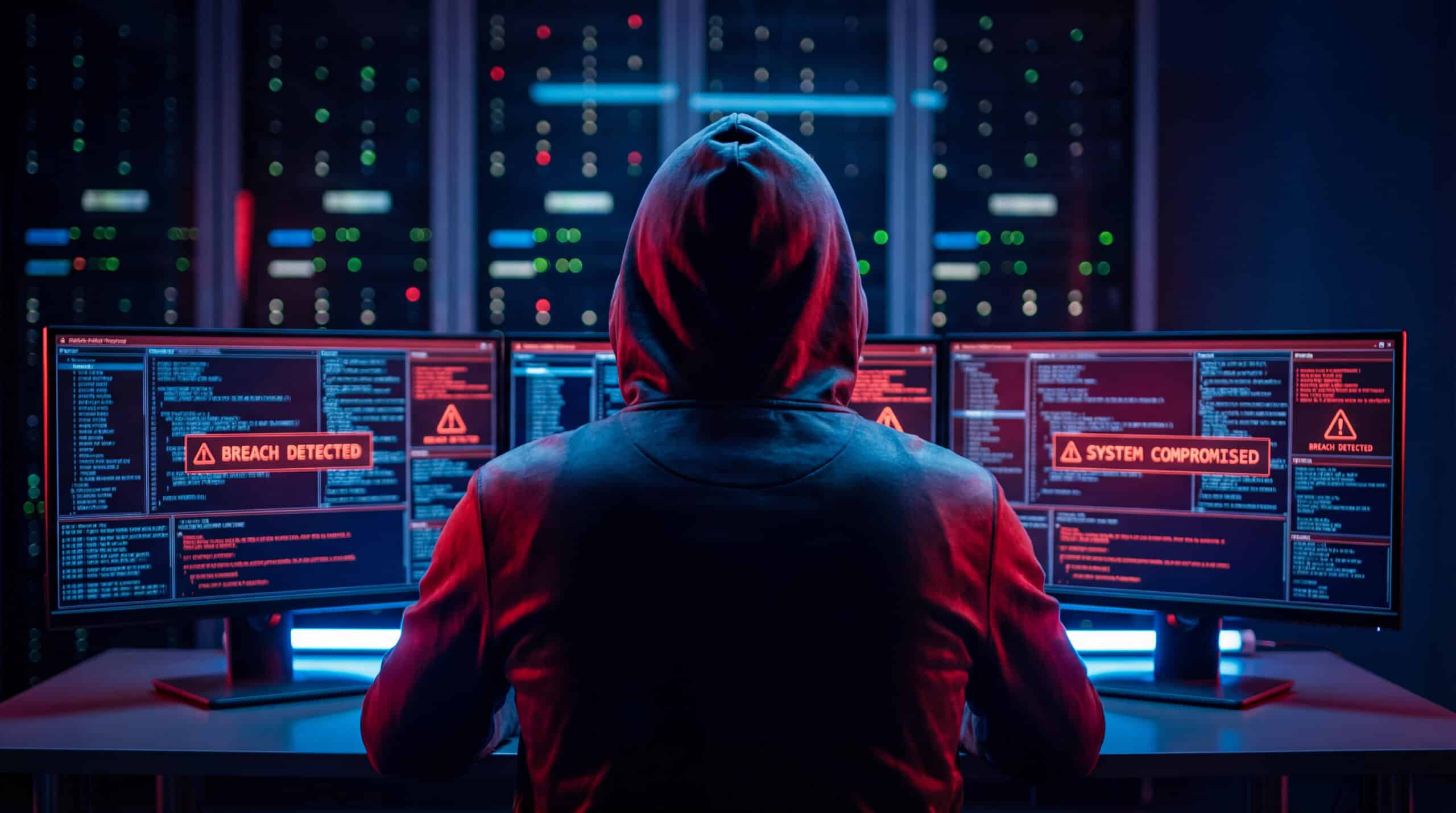 Personne encapuchonnée de dos face à trois écrans rouges affichant les alertes "Breach detected" et "System compromised", dans une salle de serveurs