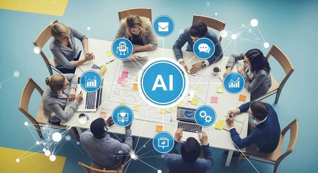 Vue aérienne d'une table de réunion avec sept personnes travaillant sur ordinateurs, entourées d'icônes connectées représentant l'IA, la messagerie, les graphiques et les paramètres