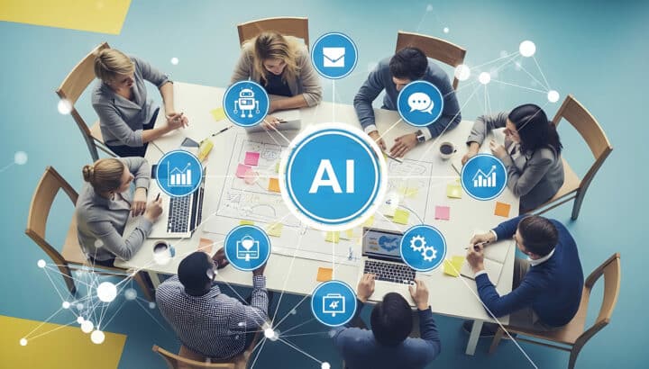 Vue aérienne d'une table de réunion avec sept personnes travaillant sur ordinateurs, entourées d'icônes connectées représentant l'IA, la messagerie, les graphiques et les paramètres