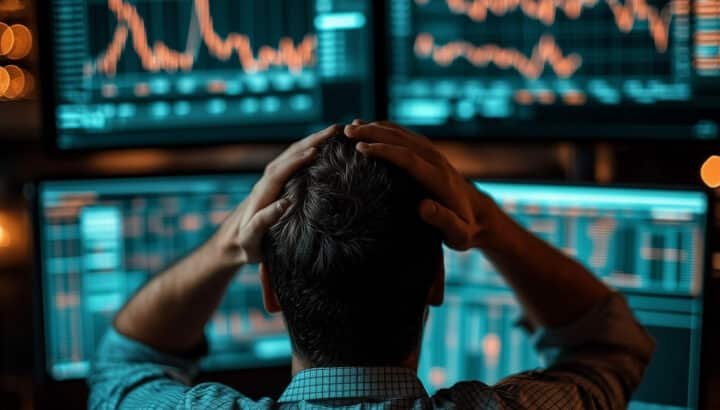 Homme de dos tenant sa tête entre ses mains face à quatre écrans affichant des courbes financières volatiles, ambiance sombre