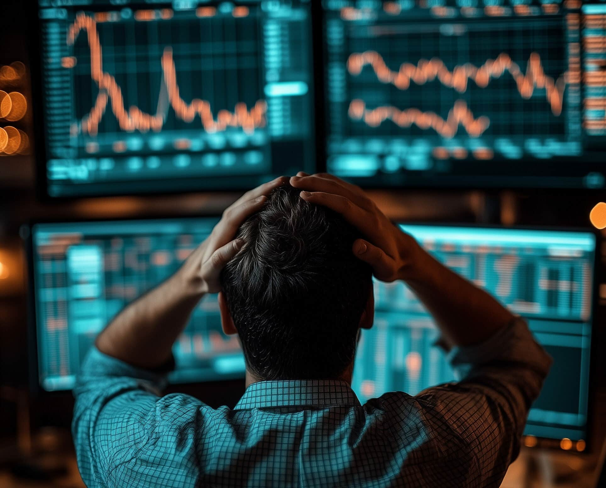 Homme de dos tenant sa tête entre ses mains face à quatre écrans affichant des courbes financières volatiles, ambiance sombre