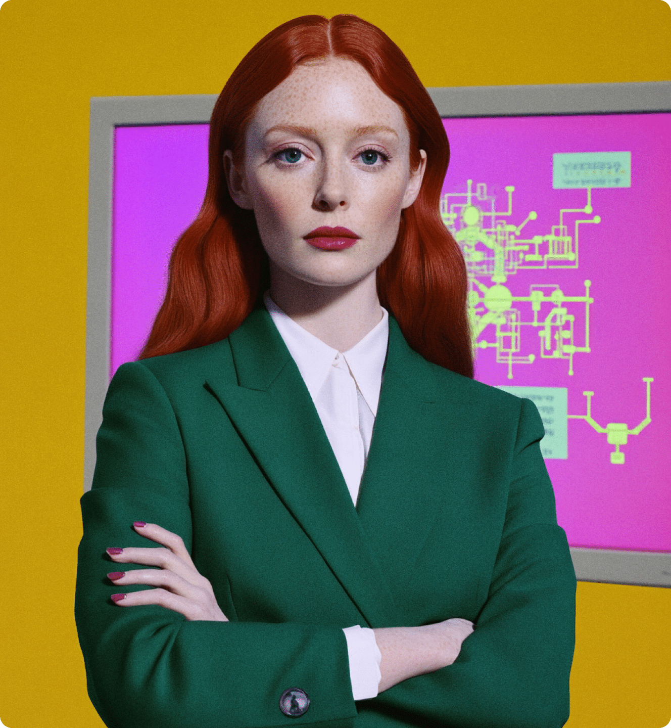 Portrait éditorial devant un schéma de processus stylisé, illustration du service Audit IA Mink