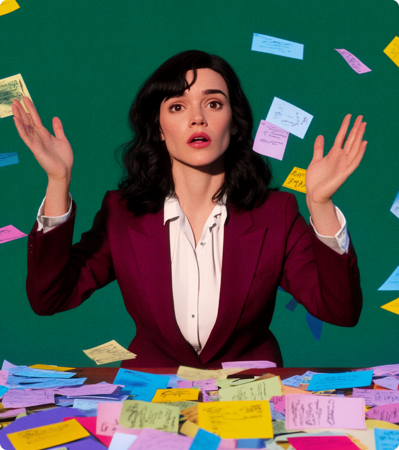 Illustration éditoriale d'une professionnelle débordée par des post-it volants, symbolisant le besoin de qualification et routage automatisé d'informations Mink