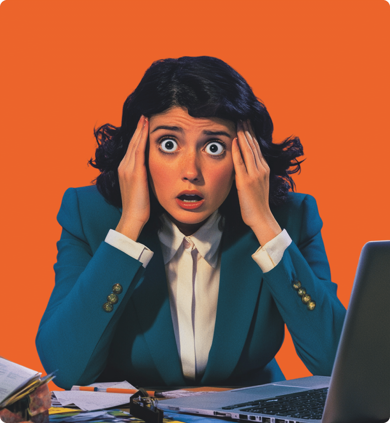 Illustration éditoriale d'une professionnelle paniquée, symbolisant le problème de synchronisation entre outils non connectés, service Mink